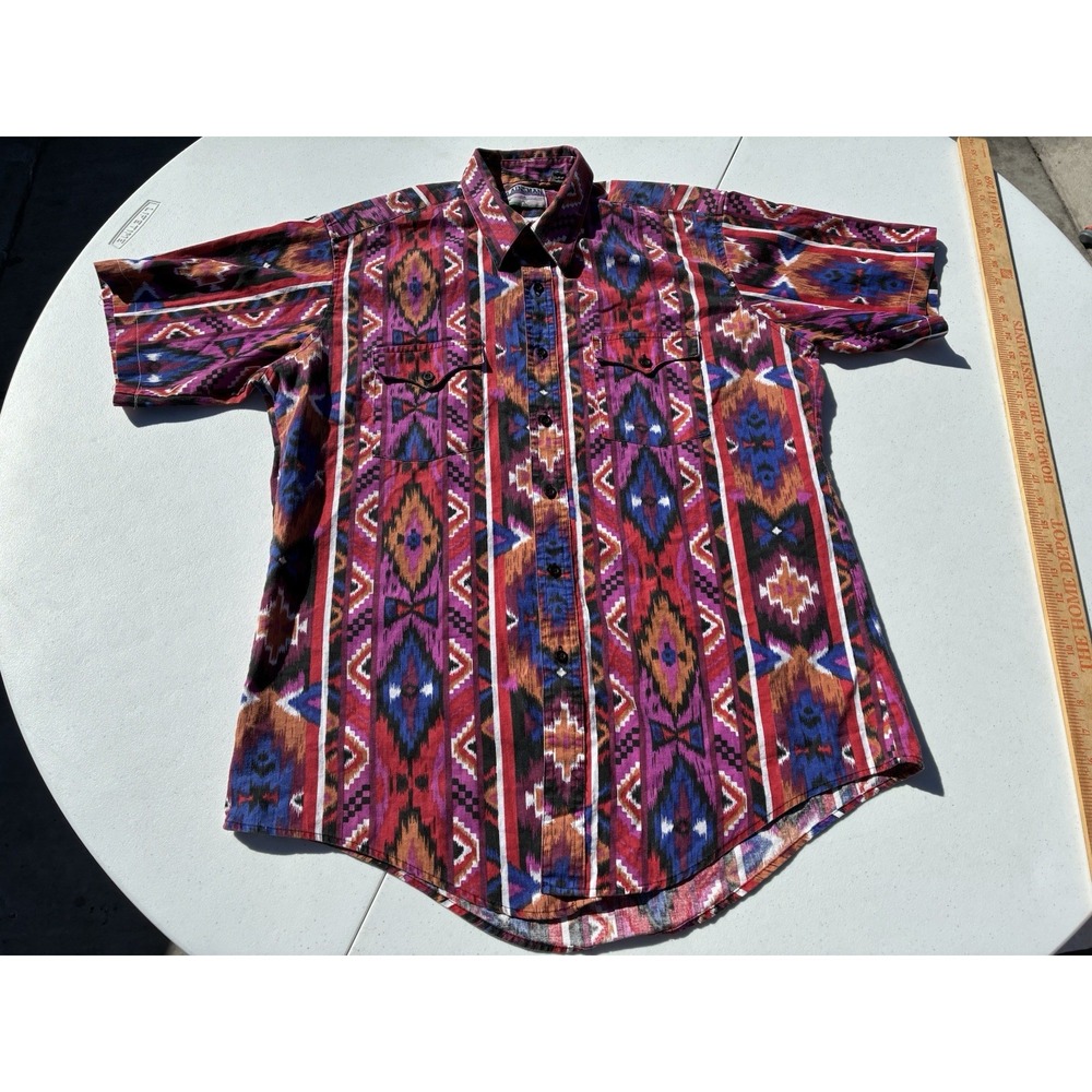 Vintage Plainsman Man Large Western Aztec Print Short Sleeve Button Shirt